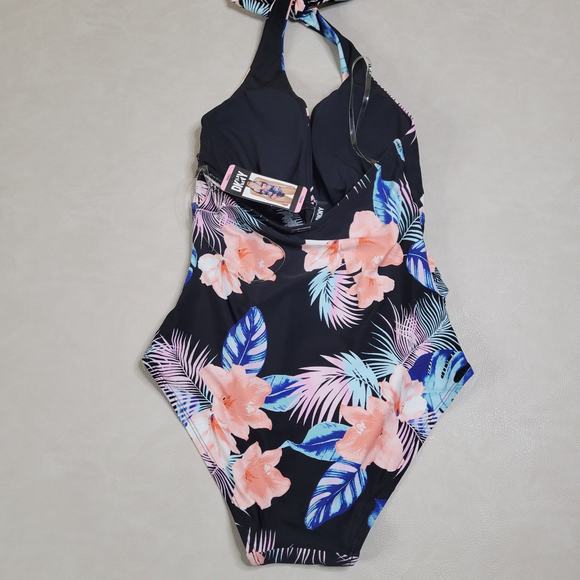 New DKNY Swimsuit Halter Shirred Waist Island Tropical Black Coral Small Lined - Picture 4 of 9
